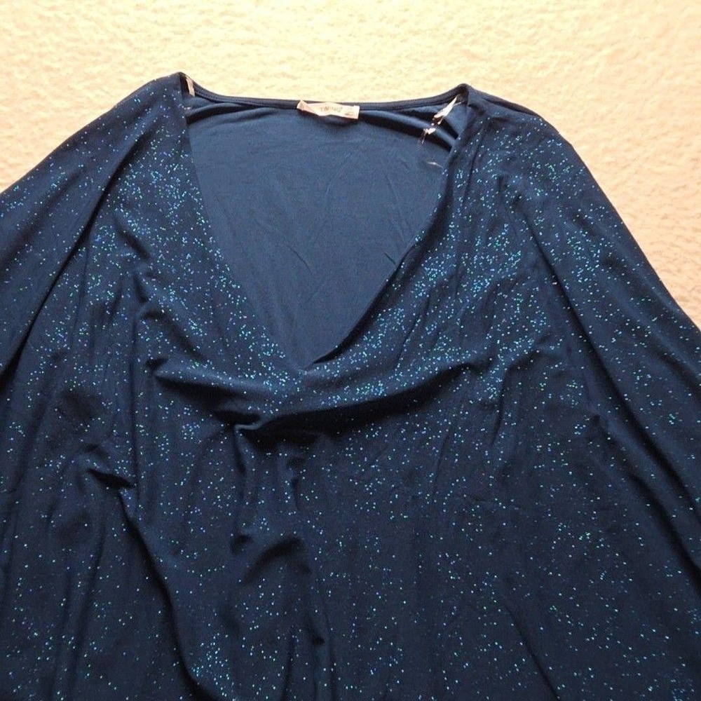 Timing Top Womens 2X Blue Glitter Kimono Sleeve Cowl Neck Party Blouse Summer